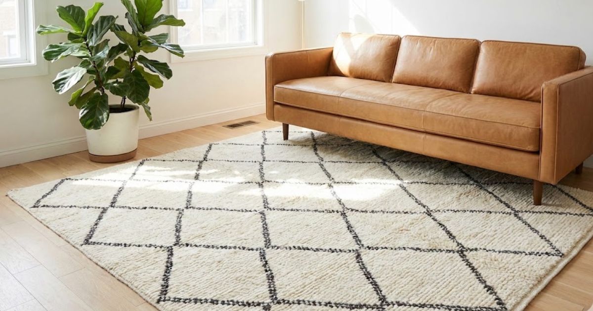 A bright living room featuring a camel leather sofa styled over a classic, plush Beni Ourain shag rug.
