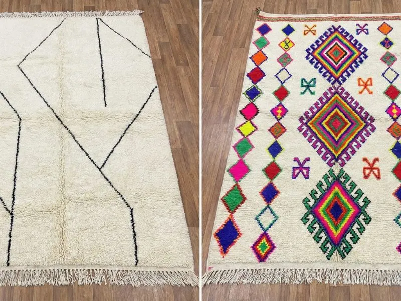 Side-by-side comparison of a minimalist monochromatic Beni Ourain rug and a colorful, geometric Azilal rug.