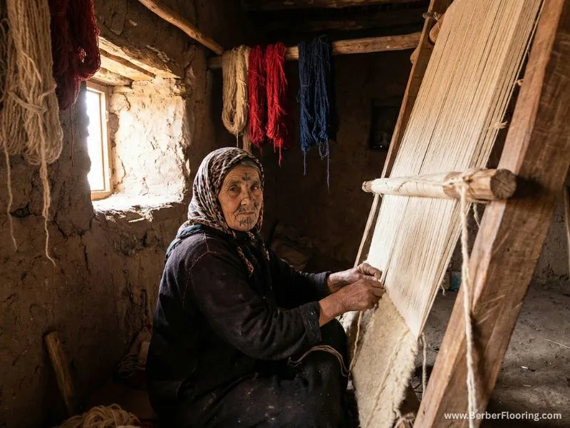 A Berber woman weaving a Moroccan rug next to vibrant skeins of dyed wool yarn.