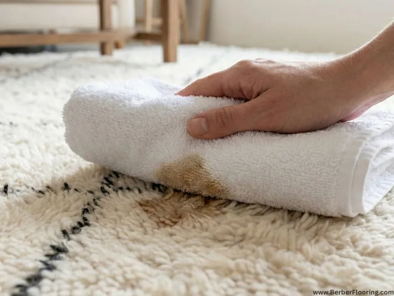 Illustration showing the blotting technique to remove spills from a wool Berber rug using a clean white towel.