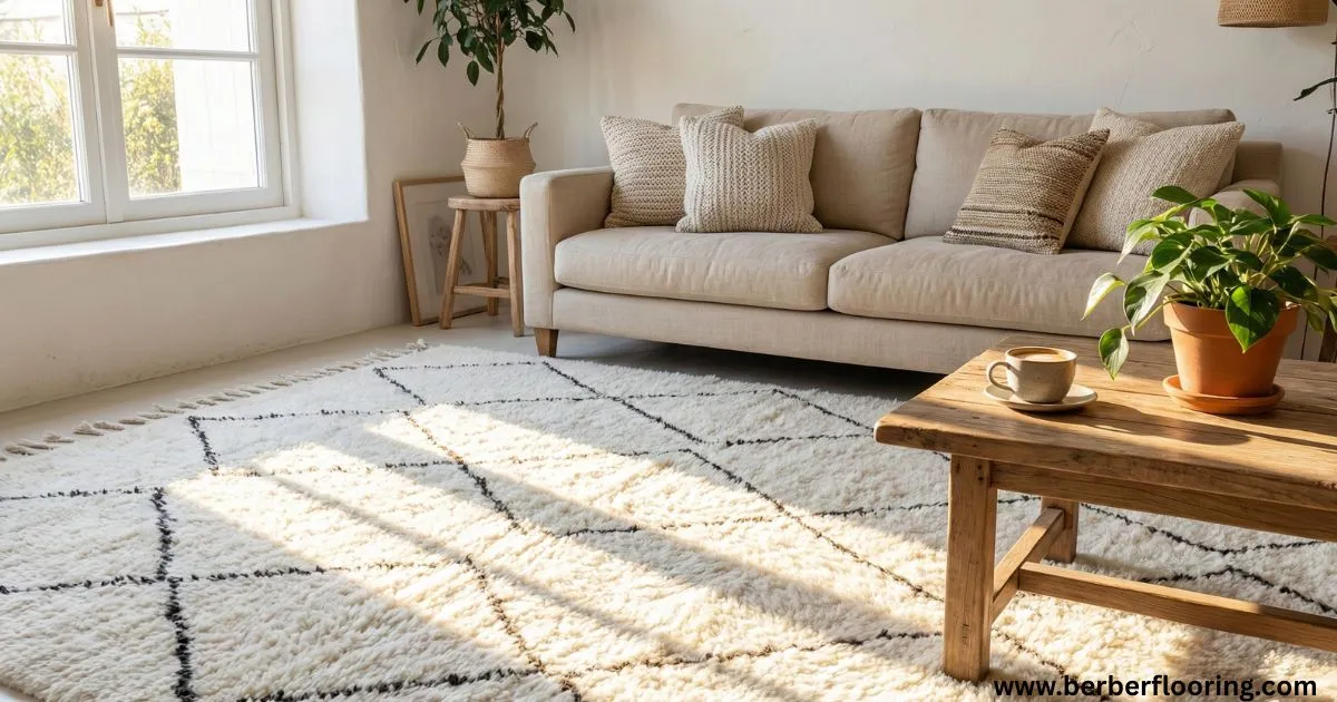 A cozy styled living room featuring a classic tasseled Beni Ourain shag rug beneath a beige couch and wooden table.