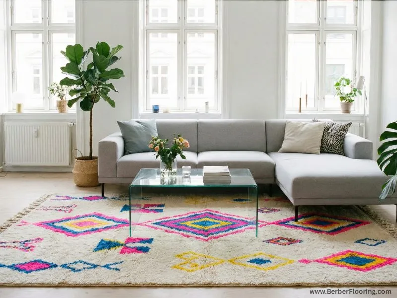 A modern living room showcasing a colorful contemporary artisan Azilal-style rug styled beneath a grey sofa.