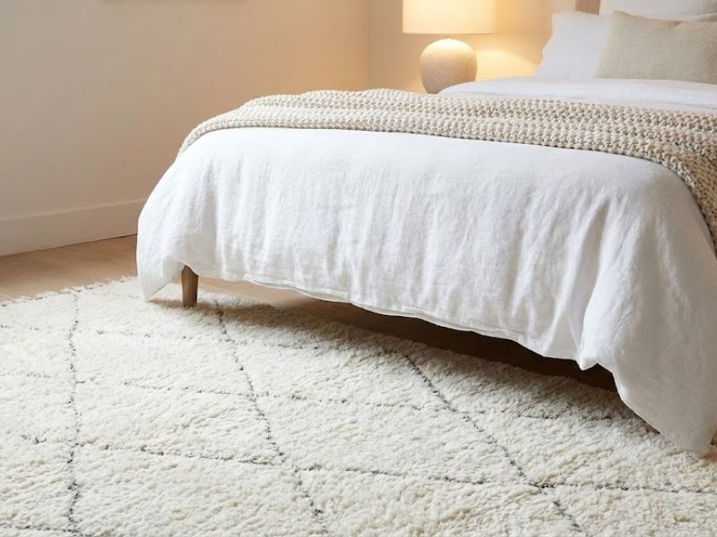 A cozy modern bedroom showing white linen bedding styled over a cream diamond-grid wool rug.
