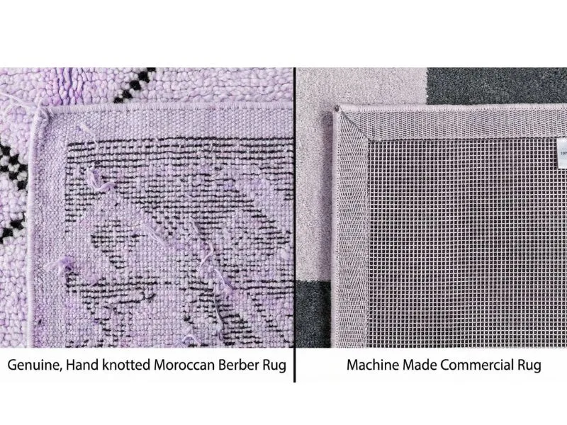 Comparison diagram showing the irregular wool knots on the backing of a hand-knotted Berber rug compared to the uniform plastic mesh grid of a machine-made rug.