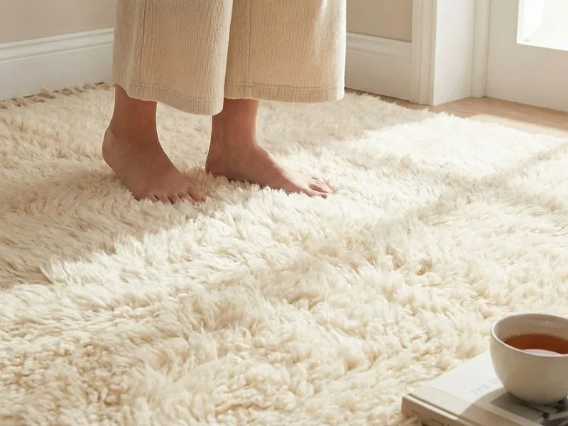 A close-up lifestyle view of feet standing on the thick, soft cream-colored wool pile of a Beni Ourain shag rug.