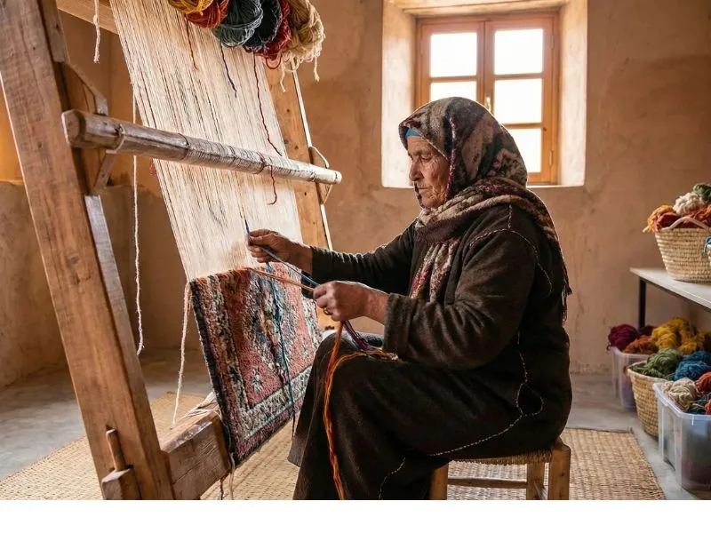 A traditional Berber artisan weaving a wool rug on a vertical handloom in a mud-walled mountain workshop.